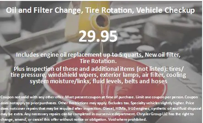 Oil and Filter change, Tire Rotation, Vehicle Checkup